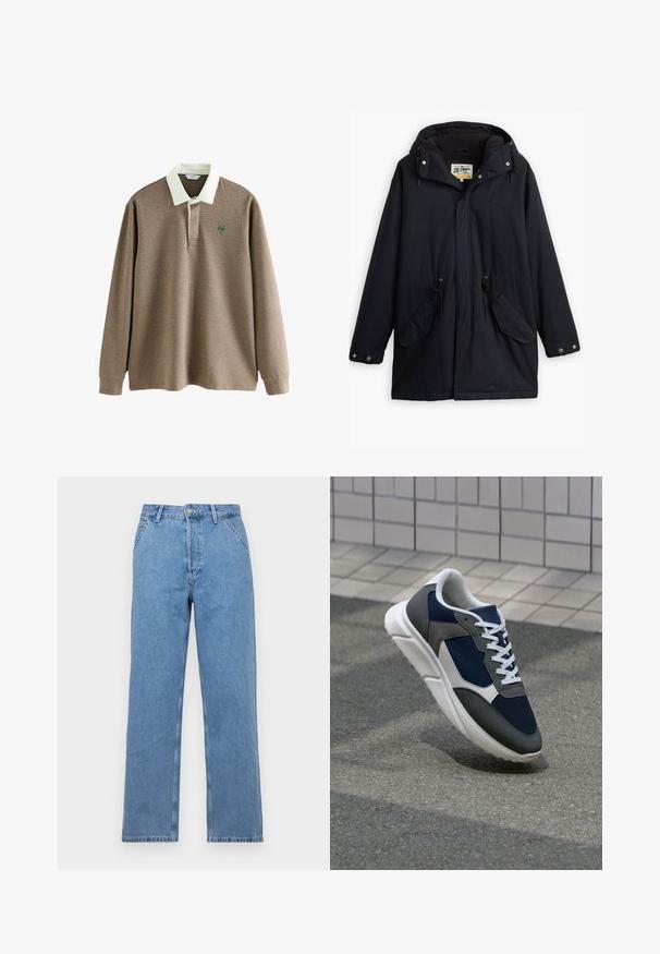 Černá voděodolná parka s odnímatelnou kapucí, stažením v pase, dvěma bočními kapsami a měkkou podšívkou. Obsahuje patentky a odolnou tkaninu.; Pánská polo košile s dlouhým rukávem v hnědo-krémovém vzoru houndstooth, bílým límečkem a zeleným logem na prsou. Měkká tkanina.; Světle modré džíny rovného střihu s klasickým designem pěti kapes, s předním knoflíkovým zapínáním a poutky na opasek. Hladká textura.; Tenisky s horní částí z námornicky modré síťoviny, šedými semišovými akcenty, bílou gumovou podrážkou a plochými bílými tkaničkami, navržené pro pohodlí a prodyšnost.
