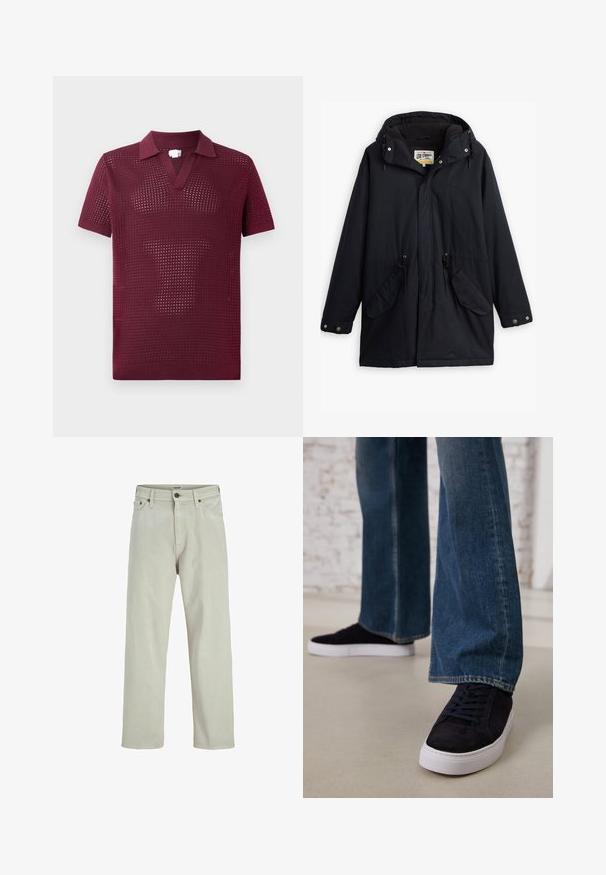 Crni vodootporni parka s odvojivom kapuljačom, strukom s vezicom, dva bočna džepa i mekanim oblogom. Ima kopčanje na dugmiće i izdržljivu tkaninu.; Burgundska kratka majica s kratkim rukavima, izrađena od teksturirane otvorene tkanine, s V-izrezom i strukturiranim kragnom, od laganog pletenog materijala.; Svijetlosmeđi traperice ravnog kroja, s pet džepova i kopčanjem na gumbu u struku, s minimalnim detaljima šivanja.; Tamno plave ante bluze tenisice s bijelim gumam potplatom i vezicama, u kombinaciji s trapericama širokih nogavica u srednje plavoj boji.