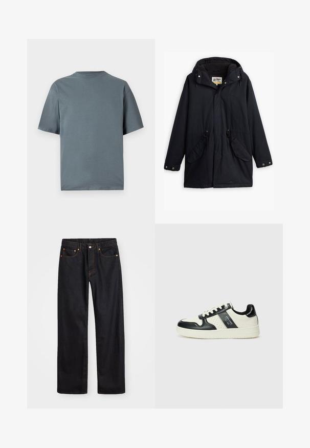 Fekete vízálló parka leválasztható kapucnival, húzózsinóros derékkal, két oldalsó zsebből és puha béléssel. Patentos záródással és tartós anyaggal rendelkezik.; Szürke pamut póló rövid ujjakkal, kerek nyakkivágással és laza szabással. Simaszerű textúra, minimális dizájn, és nincsenek látható minták vagy fém alkatrészek.; Férfi egyenes szabású fekete farmernadrág öt zsebbel és narancssárga varrással, gombos és cipzáros záródással elöl.; Fekete és krém színű bőrsneaker, perforált díszítésekkel, párnázott bokapánttal és texturált talppal.