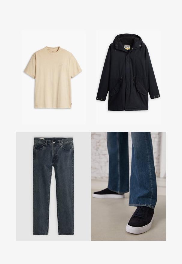 Parka negra impermeable con capucha desmontable, cintura ajustable con cordón, dos bolsillos laterales y forro suave. Presenta cierres a presión y un tejido duradero.; Camiseta de algodón beige con cuello redondo y mangas cortas. Presenta un sutil logotipo de "Levi's" en el mismo color en el pecho. Textura suave.; Vaqueros de mezclilla azul oscuro con un diseño de pierna recta, cinco bolsillos y cierre de botón. La tela presenta un sutil desgaste y textura.; Zapatillas de ante azul oscuro con suela y cordones de goma blanca, combinadas con vaqueros de pierna ancha en un lavado azul medio.