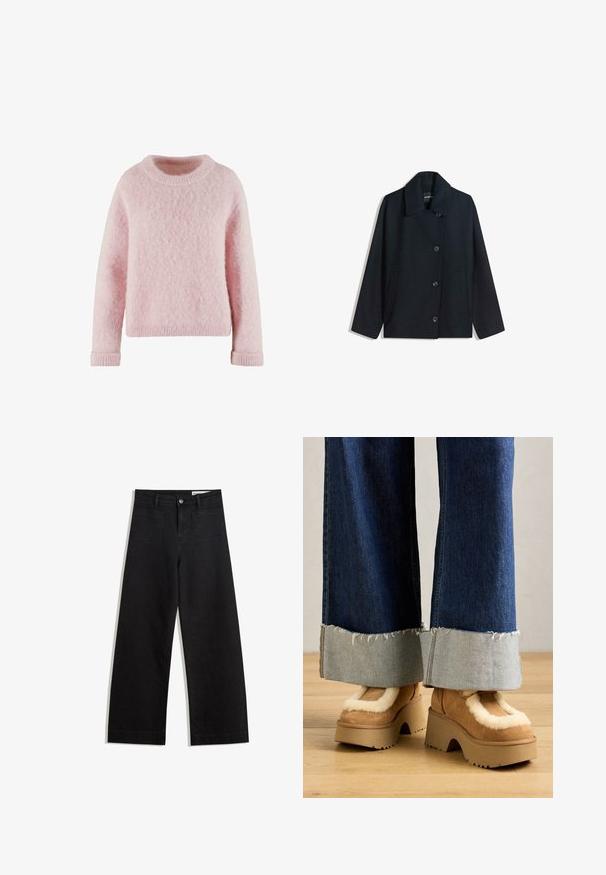 Czarny granatowy wełniany płaszcz z wyciętym kołnierzem, zapinany na guziki, z dwoma bocznymi kieszeniami i luźnym krojem. Gładka tekstura i minimalistyczny design.; Jasnoróżowy sweter wykonany z miękkiego, puszystego materiału. Posiada okrągły dekolt i ściągacze. Prosty, przytulny design bez wzorów.; Czarne dżinsowe spodnie o szerokich nogawkach i wysokim stanie, z przednimi i tylnymi kieszeniami, przeszyciami oraz zapięciem na guziki. Gładka struktura.; Brązowe zamszowe botki na platformie z kremowym futerkiem w środku, zestawione z szerokimi dżinsowymi spodniami z postrzępionymi brzegami i jaśniejszym dżinsowym mankietem.
