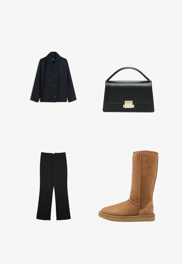 Temno mornarsko modra volnena plašč s ovratnikom, gumbom spredaj, dvema stranskima žepoma in sproščenim krojem. Gladka tekstura in minimalističen dizajn.; Črn brezrokavnik iz gladkega materiala, z okroglim izrezom in prilegajočim krojem, brez vidnih vzorcev ali okrasnih elementov.; Črne hlače ravnega kroja z naglavnimi žepi in stranskimi razporki na robu. Narejene iz mehke, gladke tkanine. Primerne za različne priložnosti.; Visoke svetlo rjave antilop čizme s okruglim vrhom i suptilnim detaljima šivanja. Gumeni potplat pruža prianjanje, dizajniran za udobnost i toplinu.; Črna usnjena torbica z strukturiranim dizajnom, zgornjim ročajem in zlate kovinske sponke na sprednji strani. Gladka tekstura, minimalno šivanje.