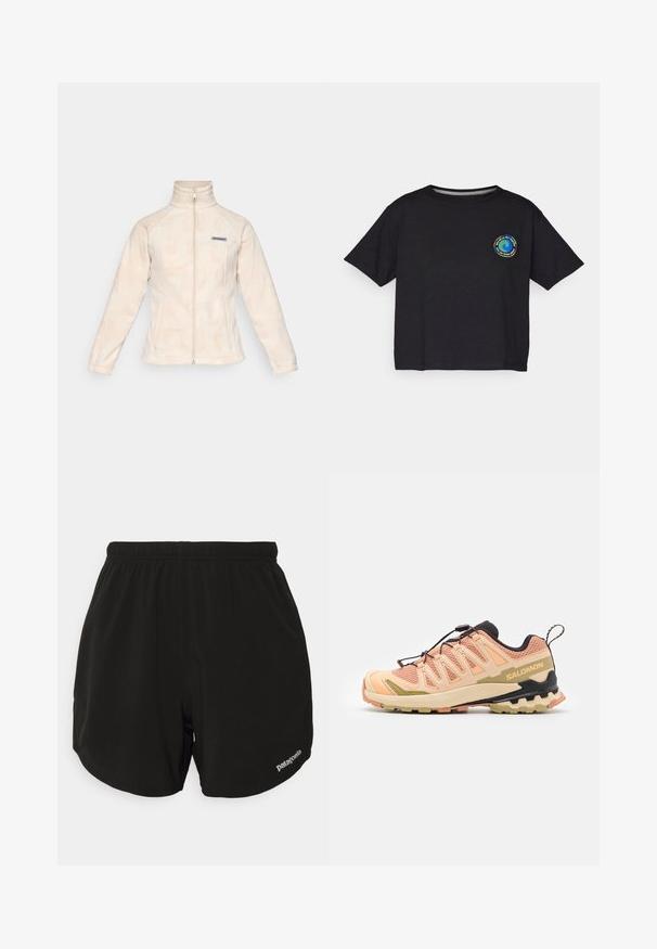 Helle Fleecejacke mit hohem Kragen und vollständigem Reißverschluss. Verfügt über ein dezent gewelltes Muster und ein kleines Logo auf der linken Brust.; Schwarzes Baumwoll-T-Shirt mit kurzen Ärmeln, das auf der Brust ein rundes, mehrfarbiges Logo zeigt. Gerader Saum und lockere Passform.; Schwarze Sportshorts mit einem elastischen Bündchen, ausgestattet mit einem abgerundeten Saum, Seitentaschen und einem kleinen weißen "Patagonia"-Logo in der unteren rechten Ecke.; Salomon Trailrunning-Schuh in Pink und Beige mit einem strukturierten Mesh-Obermaterial, flexibler Sohle, einem markanten Fersendesign und reflektierenden Akzenten.