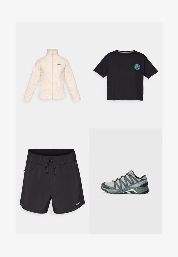 Gaišas krēms krēmveida jakas ar augstu apkakli un pilnu priekšējo rāvējslēdzēju. Iezīmējas ar smalku viļņu rakstu un mazu logotipu kreisajā krūtīs.; Melnas kokvilnas T-krekls ar īsām piedurknēm, kuram uz krūtīm ir apaļa krāsaina emblēma. Taisnā apakšmalā un brīvā piegriezumā.; Melna peldkostīmu šorti, kas izgatavoti no viegla auduma, ar elastīgu jostasvietu, stringu un sānu kabatām funkcionalitātei.; Vieglie pārgājienu apavi pelēkā sietā ar tumšiem akcentiem. Aprīkoti ar teksturētu zoli un mīkstinātu papēdi komfortam un saķerei.