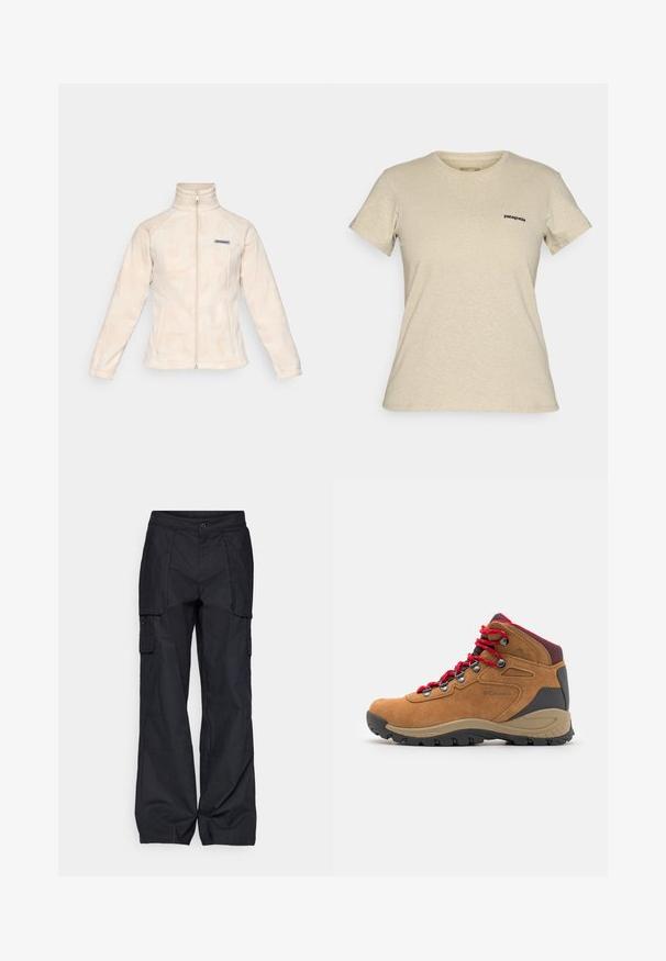 Heled kreemjas fliisjakk kõrge kaelusega ja täispikkuseta lukuga. Omab peent lainelist mustrit ja väikest logo vasakul rinnal.; Beige Patagonia lühikeste varrukatega T-särk ümmarguse kaelusega, millel on väike must logo vasakul rinnal, esitatud lihtsal taustal.; Columbia BREA FALLS™ COTTON RIPSTOP PANT - Õuepüksid - black; Pruun suède matkasaapad punaste paeltega, musta kummitald ja hallide aksessuaaridega, pehmendatud ankle toe toega. Omab metallist silmuseid ja logo detaili.