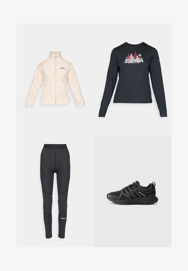 Απαλή κρεμ φλις ζακέτα με ψηλό γιακά και πλήρες φερμουάρ μπροστά. Διαθέτει διακριτό μοτίβο κυμάτων και ένα μικρό λογότυπο στο αριστερό στήθος.; Μακρυμάνικο σκούρο γκρι πουκάμισο με γραφικό κόκκινων δέντρων και βουνών; το λογότυπο "COLUMBIA" σε έντονο λευκό κείμενο. Μαλακό ύφασμα, τυπικός στρογγυλός λαιμός.; Μαύρο αθλητικό κολάν με υφασμάτινες επενδύσεις και ενισχυμένες ραφές, διαθέτει λογότυπο και φαρδιά, ελαστική μέση.; Columbia PEAKFREAK - Παπούτσια πεζοπορίας - black