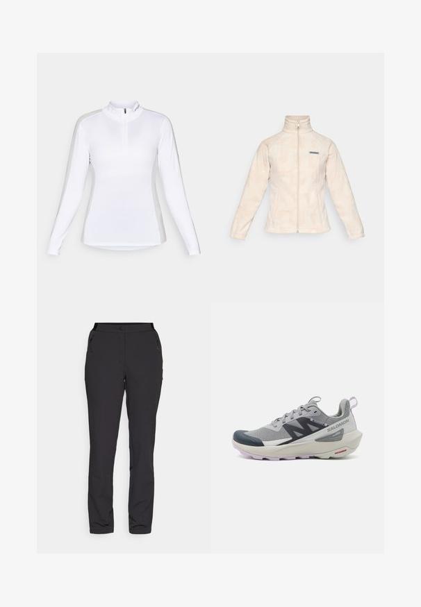 Svetlo kremna flis jakna z visokim ovratnikom in celotnim zadrgo. Ima subtilen valovit vzorec in majhno logotip na levem prsnem delu.; Majica z dolgimi rokavi v beli barvi z ovratnikom na zadrgo. Ima brezšivno zasnovo in prilega se telesu, kar jo naredi primerno za aktivnosti na prostem.; Črne zunanje hlače, narejene iz lahkega materiala, imajo ravno obliko nogavic, zadrge na stranskih žepih in nastavljiv pas.; Salomon teka za tek v sivi in mornarsko modri barvi ima zračen mrežast zgornji del, gumijasto kapico za prste in teksturiran podplat z lila akcenti.