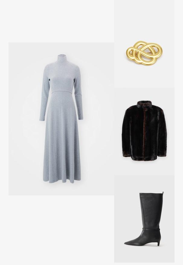 Tumši brūns un melns mākslīgās kažokādas džemperis ar stāvus apkakli un garām piedurknēm uz balta fona.; Pelēks garām piedurknēm, kleita ar augstu kakla izgriezumu, pieguļošu augšdaļu un plūstošu svārku, izgatavota no mīkstas, teksturētas auduma. Šuve līnijas rada skaidru siluetu.; Melnas ādas līdz ceļiem stīgas ar norādītu purngalu, akcentētas ar apaļu siksnu ap potīti un zemu, sašaurinātu papēdi. Gluda tekstūra.; Melnas krokodila rakstā izgatavota ādas rokassoma ar strukturētu dizainu, augšējo rokturi, regulējamu siksnu un izteiktu priekšējo logotipa detaļu.; Zelta toņa broša ar mezglota dizaina, gludām, izliekamām līnijām un sarežģītu formu, kas atspoguļo pulētu apdari.