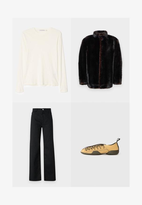 Tamsiai ruda ir juoda dirbtinės odos striukė su iškilniu apykakle ir ilgomis rankovėmis ant baltos fono.; Tiger of Sweden MILLAN - Ilgarankovis viršutinės dalies drabužis - seashell; Juodos plačios kelnės su vertikaliomis mėlynomis juostelėmis, su klasikiniu penkių kišenių dizainu ir priekiniais mygtukais.; Geltoni zomšiniai bateliai su tamsiai žaliu guminiu padu ir kulniuku, rodoma iš šono ant šviesiai pilko fono.