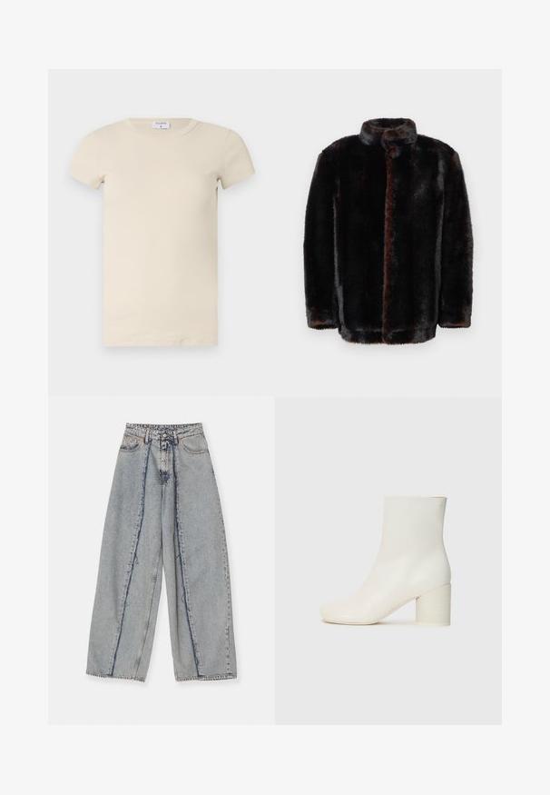 Chaqueta de piel sintética en marrón oscuro y negro con cuello alto y mangas largas, sobre un fondo blanco.; Camiseta de manga corta de color crema con cuello redondeado, hecha de una tela suave y elástica. Diseño simple y forma ajustada.; Vaqueros de pierna ancha en azul claro con bordes deshilachados, una cintura alta y costuras en contraste. Hechos de denim, presentan un ajuste relajado y un desgaste mínimo.; Botín de cuero blanco hasta el tobillo con punta redondeada y tacón cilíndrico grueso. Textura suave, diseño minimalista, sin herrajes o patrones visibles.