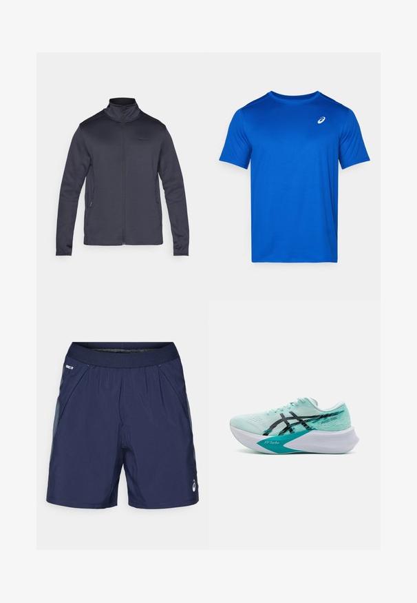 Veste zippée gris foncé en tissu doux, dotée d'un col haut, de manches longues et de poches latérales avec fermetures éclair.; T-shirt bleu à manches courtes en tissu léger. Doté d'un col ras du cou et d'un petit logo blanc sur la poitrine. Texture lisse.; Shorts de sport bleu marine avec taille élastique, poches latérales et accents gris clair. Fabriqués en tissu léger et lisse pour le confort.; Baskets de course bleu clair avec une tige en mesh, accents noirs et une semelle intermédiaire blanche courbée distinctive étiquetée "FFTurbo". Présente des motifs texturés.