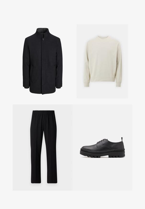 Men's svart ullfrakk med høy krage, skjult glidelås, en knapp lukking og sidelommer.; Lys beige sweatshirt laget av myk stoff med rund hals, lange ermer og ribbestrikkede mansjetter og hem. Minimalistisk design, ingen synlige mønstre.; Svart, elastisk midjebukser med rett ben-design, med en glatt tekstur og uten synlige mønstre eller maskinvare.; Svart lærsko med rund tå, snøring og kraftig gummisåle. Har en trekkring på hælen og teksturerte detaljer.