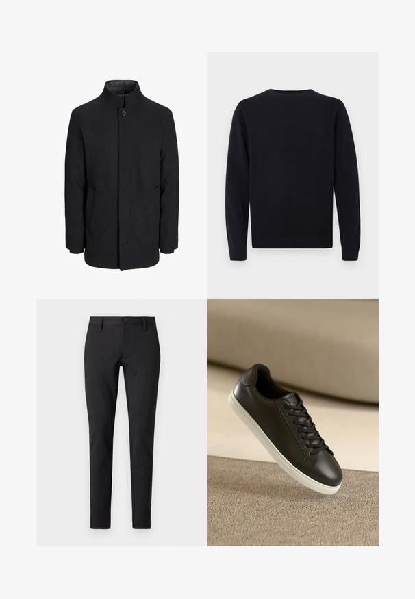 Herre sort uldfrakke med høj krave, skjult lynlås, enkelt knaplukning og sidelommer.; Sort langærmet trøje med rund hals og ribbede manchetter og søm, præsenteret mod en enkel hvid baggrund.; Sorte stribede bukser med flad front, slim fit, med knaplukning og bæltesløjfer, lavet af et glat tekstilmateriale.; Sort lædersneaker med hvid gummisål og sorte snørebånd, placeret mod en beige stofoverflade og baggrund.