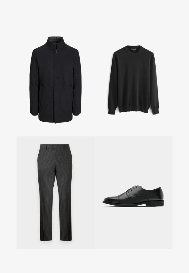 Vīriešu melns vilnas mētelis ar augstu apkakli, slēptu rāvējslēdžu, vienu pogu aizdari un sānu kabatām.; Melna adīta džemperis ar garām piedurknēm, apļveida kakla izgriezumu, ribotām aprocēm un apakšmalu. Gluda tekstūra bez redzamām rakstu vai apdaru detaļām.; Pelēkas svītrainas bikses no gludas auduma. Tām ir priekšējā pogu aizdare un taisnas kājas dizains, nodrošinot piegulošu piegriezumu.; Melnas ādas vadmalas kurpes ar noapaļotu purngalu, saistījuma dizains, smalkas izšuvumu detaļas un zema papēža. Gluda tekstūra ar spīdīgu apdari.