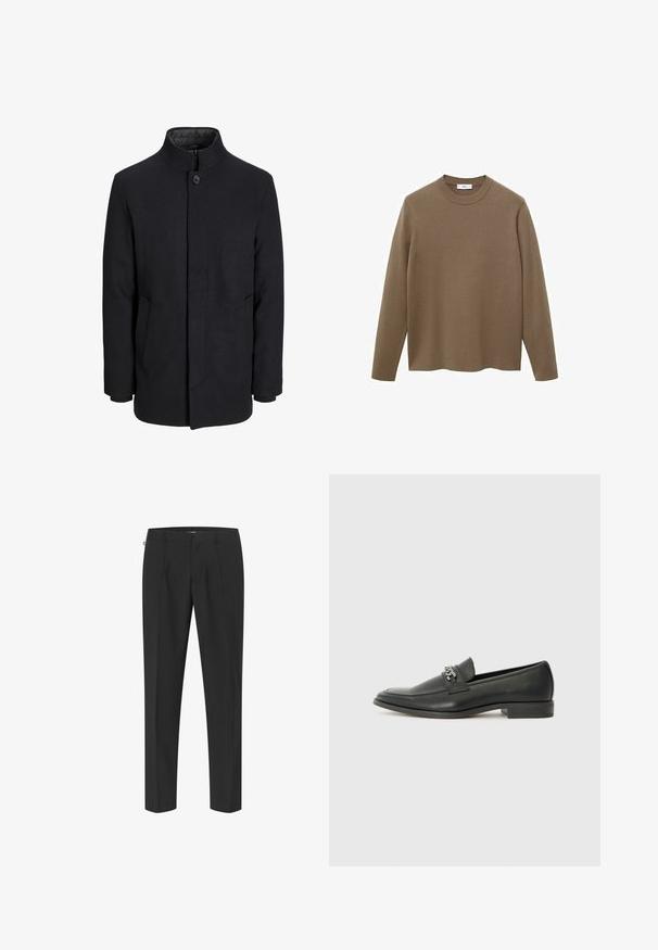 Męski czarny wełniany płaszcz z wysokim kołnierzem, ukrytym zamek błyskawicznym, zapięciem na jeden guzik oraz bocznymi kieszeniami.; Brązowy sweter z długim rękawem o okrągłym dekolcie, wykonany z gładkiego, miękkiego materiału; ma luźny krój i prosty dół.; Czarne spodnie o dopasowanym kroju z eleganckim designem, z fałdami z przodu, prostymi nogawkami i gładką teksturą. Minimalna ilość dodatków i brak widocznych wzorów.; Czarne skórzane mokasyny o gładkim wykończeniu, z haftowanym wzorem i dekoracyjnym akcentem z metalowego łańcucha na wierzchu. Płaska pięta.