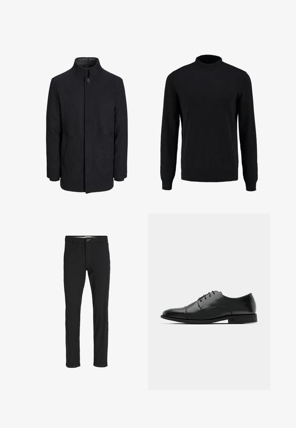 Manteau en laine noir pour homme avec col haut, fermeture éclair dissimulée, fermeture à un bouton et poches latérales.; Pull en maille noir avec un col montant, des manches longues, et des poignets et un ourlet côtelés, présentant une texture lisse et une silhouette classique.; Pantalons noirs en mélange de coton avec une coupe slim, dotés d'une fermeture à bouton, de poches et de revers pour une finition décontractée.; Chaussure habillée noire en cuir avec un bout rond, un laçage, des détails de couture subtils et un petit talon. Texture lisse avec une finition polie.