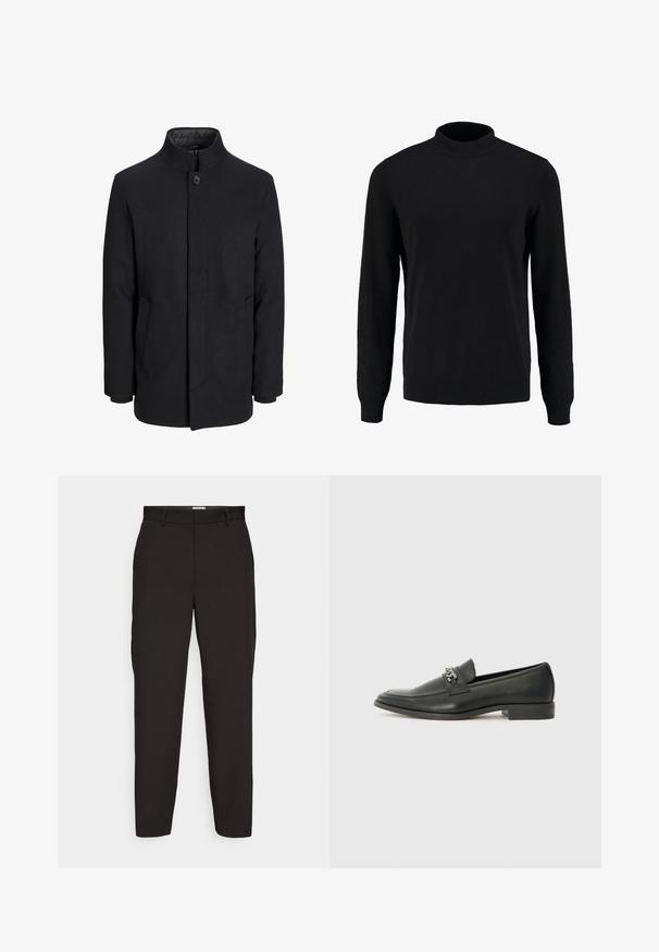 Abrigo de lana negro para hombre con cuello alto, cremallera oculta, cierre de un botón y bolsillos laterales.; Suéter negro de punto con cuello alto, mangas largas y puños y dobladillo acanalados, que presenta una textura suave y una silueta clásica.; Pantalones negros hechos de una tela suave, con un diseño de pierna recta, trabillas para cinturón y bolsillos laterales. Sin patrones visibles ni herrajes.; Mocasín de cuero negro con un acabado suave, que cuenta con un diseño de costura y un acento decorativo de cadena de metal en el empeine. Tacón plano.