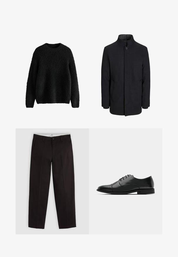 Vīriešu melns vilnas mētelis ar augstu apkakli, slēptu rāvējslēdžu, vienu pogu aizdari un sānu kabatām.; Melna adīta džemperis ar teksturētu, pūkainu apdari. Apaļš kakls, garas piedurknes un brīvs piegriezums. Vienkāršs dizains, bez redzamām aizdares.; Melnas taisnās kājas chinos bikses ar jostu cilpiņām, pogu aizdari un sānu kabatām, izstādītas uz gaiši pelēka fona.; Melnas ādas vadmalas kurpes ar noapaļotu purngalu, saistījuma dizains, smalkas izšuvumu detaļas un zema papēža. Gluda tekstūra ar spīdīgu apdari.