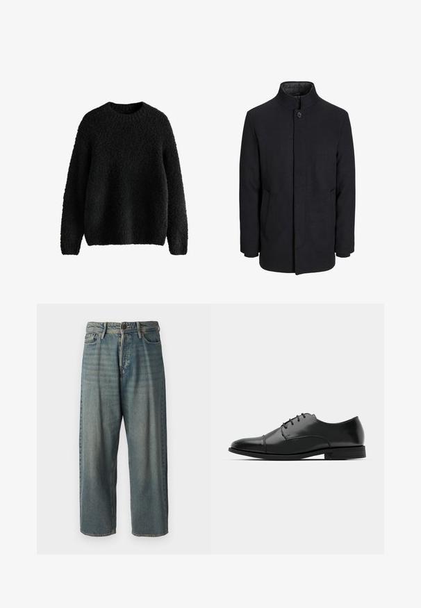 Pánský černý vlněný kabát s vysokým límcem, skrytým zipem, zapínáním na jeden knoflík a bočními kapsami.; Černý pletený svetr s texturovaným, chlupatým povrchem. Kulatý výstřih, dlouhé rukávy a uvolněný střih. Jednoduchý design, bez viditelných zapínání.; Světle modré denimové džíny s volným střihem, středně vysokým pasem a rovnými nohavicemi. Obsahují pět kapes, poutka na opasek a zapínání na knoflík.; Černé kožené společenské boty s kulatou špičkou, šněrováním, jemnými švy a nízkým podpatkem. Hladký povrch s lesklým finišem.