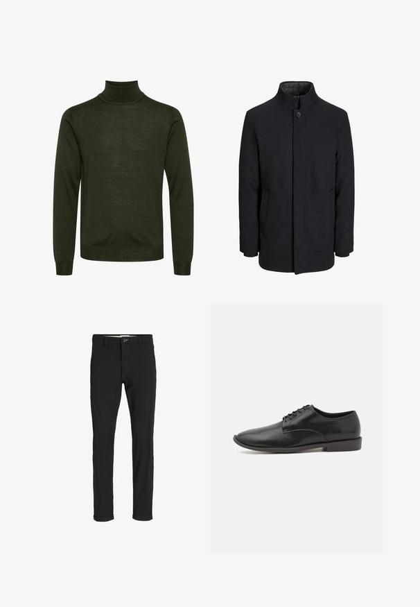 Palton negru din lână pentru bărbați, cu guler înalt, fermoar ascuns, închidere cu un singur buton și buzunare laterale.; Pulover lung din tricot de culoare verde închis, cu guler înalt, manșete și talie ribbed, având o textură netedă.; Pantaloni negri din bumbac cu un croi slim, având închidere cu nasture, buzunare și manșete răsturnate pentru un aspect casual.; Pantofii din piele neagră, cu șireturi, au un finisaj neted, vârful rotunjit și o talpă din cauciuc cu profil jos. Design minimalist, fără embellishments suplimentare.