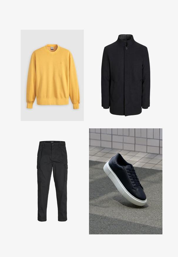 Cappotto da uomo in lana nera con colletto alto, zip nascosta, chiusura a un bottone e tasche laterali.; Felpa gialla in cotone, con collo a giro, polsini a coste e logo ricamato sul petto. Texture morbida.; Pantaloni cargo neri realizzati in un tessuto resistente, dotati di molteplici tasche, chiusura con bottone e un design aderente con gambe affusolate.; Sneaker in pelle nera con punta arrotondata e suola in gomma bianca. Presenta lacci piatti e cuciture minime sulla parte superiore. Suola testurizzata per una migliore aderenza.