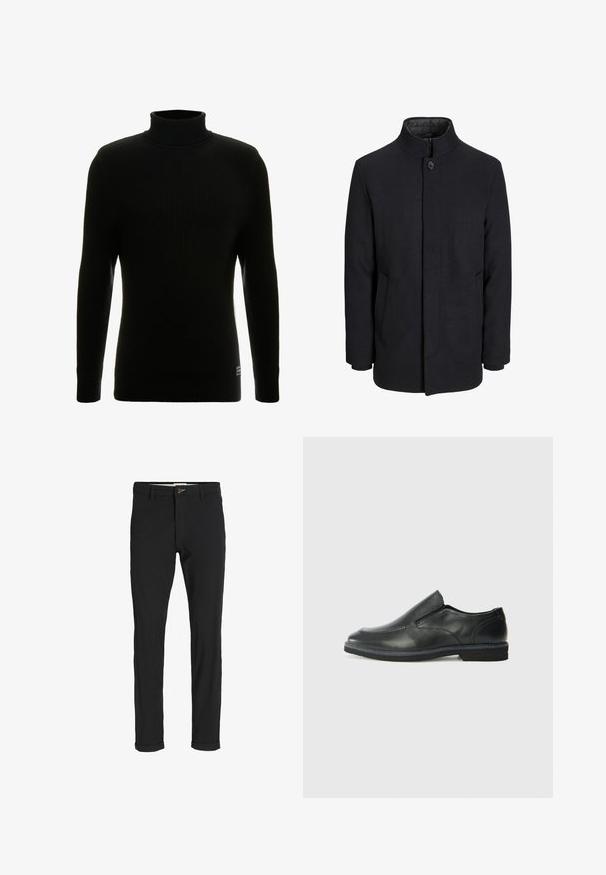 Herren schwarzer Wollmantel mit hohem Kragen, verdecktem Reißverschluss, einreihigem Knopfverschluss und Seitentaschen.; Schwarzer Rollkragenpullover mit langen Ärmeln, gerippter Textur, figurbetonter Silhouette und kleinem Markenschild unten links.; Schwarze Baumwollmischungshose mit schmalem Schnitt, gekennzeichnet durch einen Knopfverschluss, Taschen und umgeschlagenen Säumen für einen lässigen Abschluss.; Schwarze Leder-Slipper mit glattem Obermaterial, gesteppten Akzenten, runder Zehenpartie und niedrigem Gummiabsatz. Die Sohle hat ein minimales Profil.