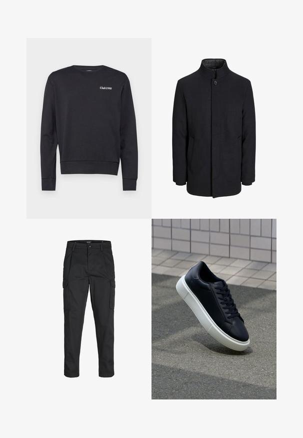 Herren schwarzer Wollmantel mit hohem Kragen, verdecktem Reißverschluss, einreihigem Knopfverschluss und Seitentaschen.; Schwarzer Sweatshirt aus weichem Material, mit langen Ärmeln, Rundhalsausschnitt und einem weißen "Club1990"-Logo auf der Brust. Einfaches Design.; Schwarze Cargo-Hose aus robustem Material, mit mehreren Taschen, einem Knopfverschluss und einem Slim-Fit-Design mit schmal zulaufenden Beinen.; Schwarze Leder-Sneaker mit runder Zehenpartie und weißer Gummisohle. Verfügt über flache Schnürsenkel und minimale Nähte im Obermaterial. Strukturiertes Sohlenprofil für besseren Halt.