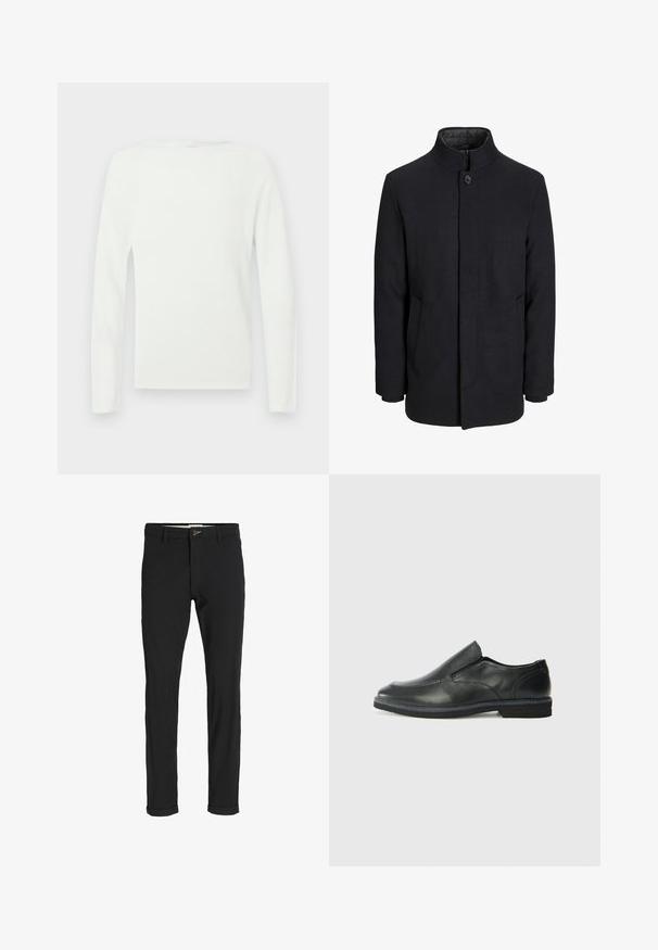 Herre sort uldfrakke med høj krave, skjult lynlås, enkelt knaplukning og sidelommer.; Hvid langærmet crew neck sweater med en simpel, glat tekstur og en tætsiddende silhuet.; Sorte bomuldsblandede bukser med slim fit, der har en knaplukning, lommer og opbrugte stumper for et afslappet udtryk.; Sorte læder slip-on sko med en glat overdel, syede detaljer, rund tå og en lav gummihæl. Sålen har minimal profil.