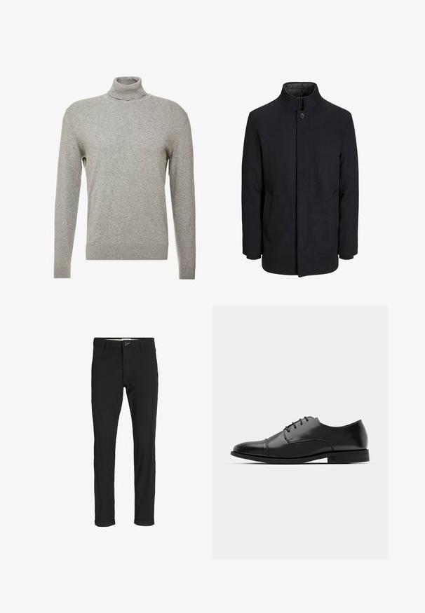 Men's black wool coat with high collar, concealed zipper, single button closure, and side pockets.; Gray pullover sweater with a high neck and long sleeves. Made from a smooth, soft material with a fitted design and ribbed accents at the hem.; Black cotton blend pants with a slim fit, featuring a button closure, pockets, and rolled cuffs for a casual finish.; Black leather dress shoe with a rounded toe, lace-up design, subtle stitching details, and a low heel. Smooth texture with polished finish.