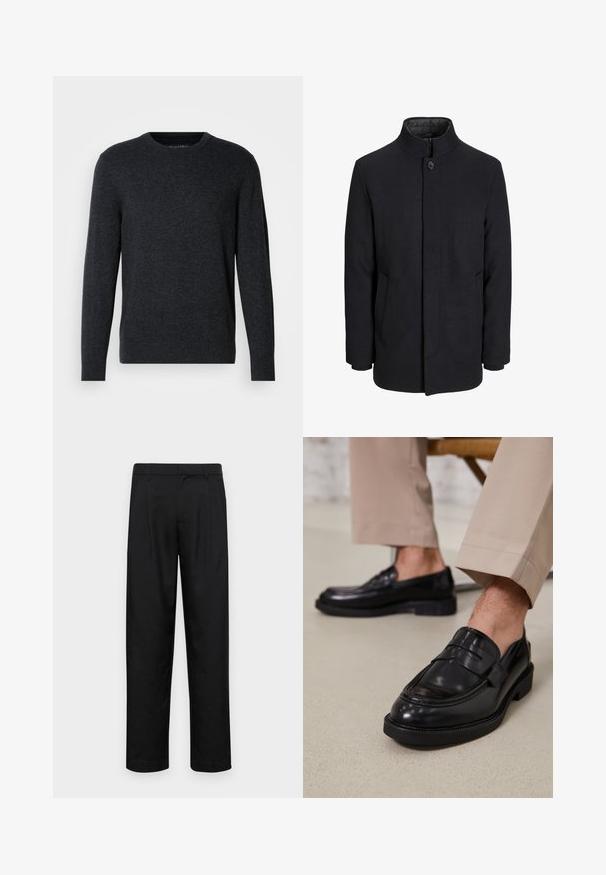 Vīriešu melns vilnas mētelis ar augstu apkakli, slēptu rāvējslēdžu, vienu pogu aizdari un sānu kabatām.; Tumši pelēks adīts džemperis ar garām piedurknēm, apaļu kaklu, ribotām aprocēm un apakšmalu. Gluda tekstūra ar vieglu krāsu variāciju. Nav izteiktu rakstu.; Melnas bikses, izgatavotas no gludas auduma, ar taisnu kāju dizainu, divām priekšējām krokām un standarta jostu, kurai ir āķi.; Melni ādas mokasīni ar gludu virsmu, ar dekoratīvu joslu un kontrastējošām šuvēm, apvienoti ar beidža krāsas biksēm.