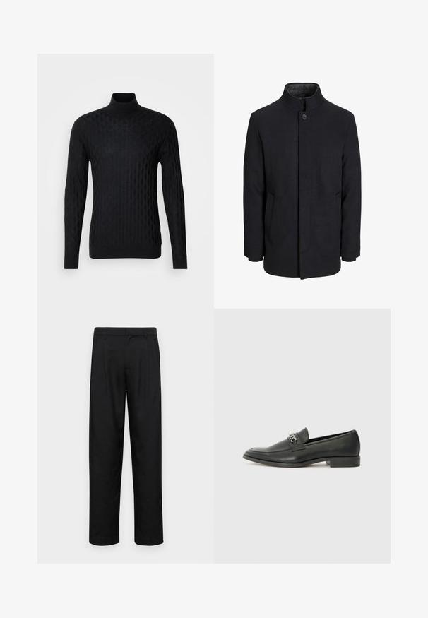 Męski czarny wełniany płaszcz z wysokim kołnierzem, ukrytym zamek błyskawicznym, zapięciem na jeden guzik oraz bocznymi kieszeniami.; Czarny sweter z golfem o teksturowanym wzorze diamentowym, wykonany z dzianiny, posiadający długie rękawy i dopasowany krój.; Czarne spodnie wykonane z gładkiego materiału, z prostą nogawką, dwoma fałdami z przodu oraz standardowym paskiem z wypustkami na pasek.; Czarne skórzane mokasyny o gładkim wykończeniu, z haftowanym wzorem i dekoracyjnym akcentem z metalowego łańcucha na wierzchu. Płaska pięta.