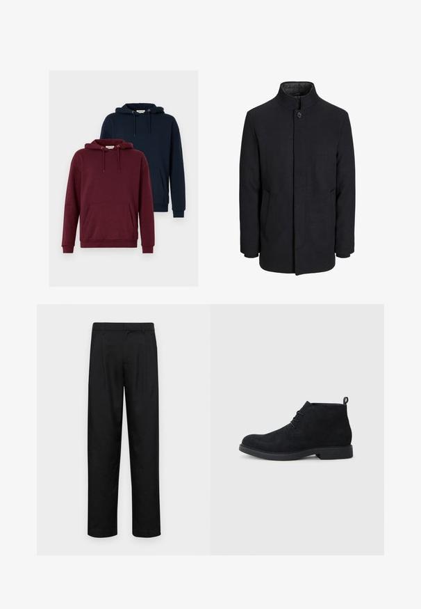 Muški crni vuneni kaput s visokim ovratnikom, skrivenim patentnim zatvaračem, jednim gumbom za zatvaranje i bočnim džepovima.; Dva dukseva: jedan boje burgundca i jedan mornarsko plave boje. Oboje imaju prednji kengur džep, kapuljaču sa vezicama, rebraste manžetne i meki tekstil.; Crne hlače od glatkog materijala, s dizajnom ravnih nogavica, dva prednja nabora i standardnim pojasom s petljama za remen.; Crne antilop čizme do gležnja s zaobljenim vrhom, dizajnom vezivanja i teksturiranim gumenim đonom. Sadrže mali uložak na stražnjoj strani.