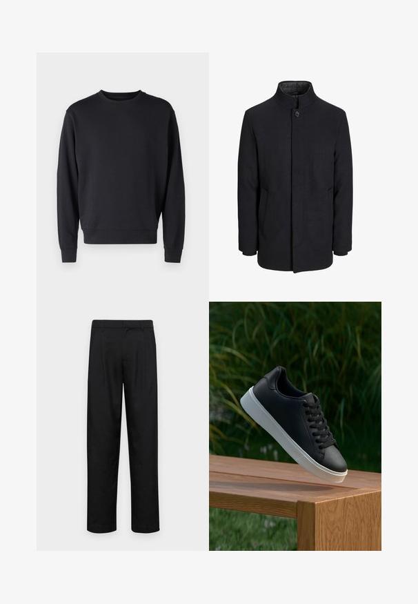 Meeste must villane mantel kõrge kraega, peidetud tõmblukk, ühe nööbiga kinnitamine ja küljetaskud.; Must mustelaste segu, ümmarguse kaeluse, pikkade käiste ja soonikkoeservadega must pusake. Sile tekstuur, minimalistlik disain.; Mustad mustadest riietest, millel on sirge jalgade disain, kaks eesmist voltimist ja tavaline vöökoht, millel on vöökohad.; Must värvi nahast tennisekingad siledast materjalist, valge kummist tald ja kuus aukku paelte jaoks, asetatud puidust pinnale.