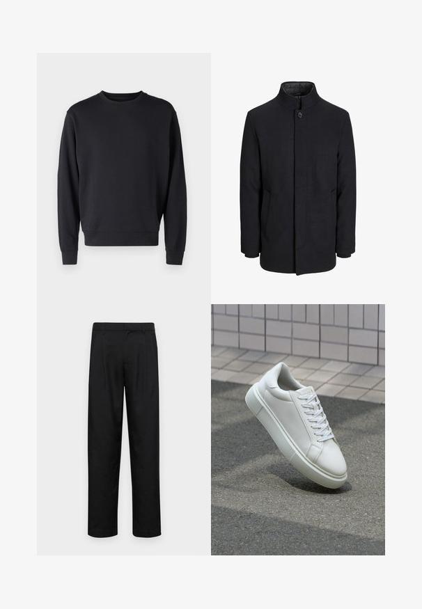 Zwart wollen mannenjas met hoge kraag, verborgen rits, sluiting met één knop en zijzakken.; Zwarte sweatshirt gemaakt van een katoenmix met een ronde halslijn, lange mouwen en ribgebreide manchetten en onderkant. Soepele textuur, minimalistisch ontwerp.; Zwarte broeken van gladde stof, met een recht model, twee voorknikken en een standaard tailleband met riemlussen.; Witte leren sneaker met een glad oppervlak, ronde neus en platte witte veters. Voorzien van een gestructureerde rubberen zool en minimale ontwerpelementen.