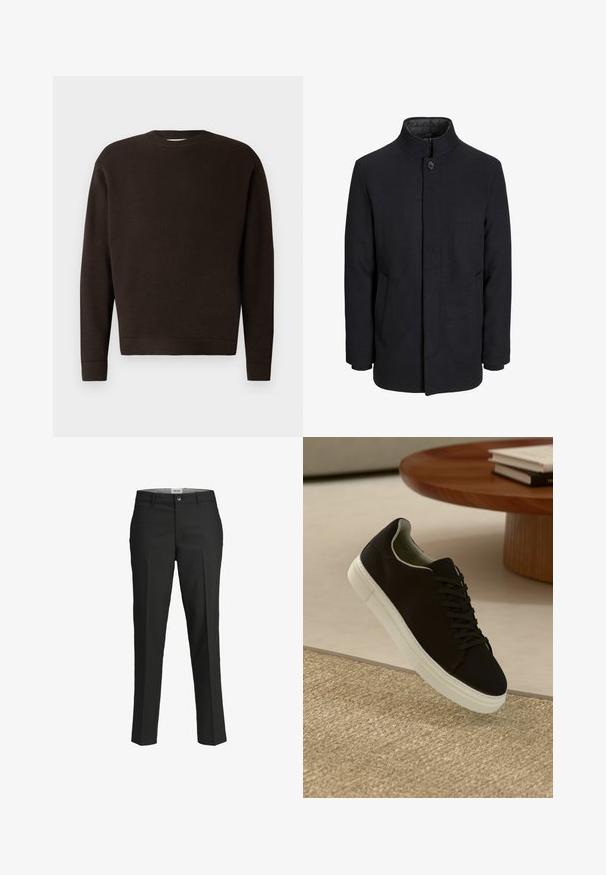 Moška črna volnena jakna z višjim ovratnikom, skritim zadrgo, enojnim gumbom za zapiranje in stranskimi žepi.; Temno rjav pulover s krožnim izrezom, izdelan iz teksturirane tkanine. Ima dolge rokave ter rebraste manšete in rob. Minimalistična zasnova brez vzorcev ali dodatkov.; Črne hlače, krojene prilega, gladka tkanina, srednje visok pas, sprednja zaponka, diagonalne žepke in pregibna podrobnost vzdolž nog.; Črni športni copat z belim podplatom lebdi nad bež teksturiranim preprogam blizu okroglega lesenega mize z zloženimi knjigami.
