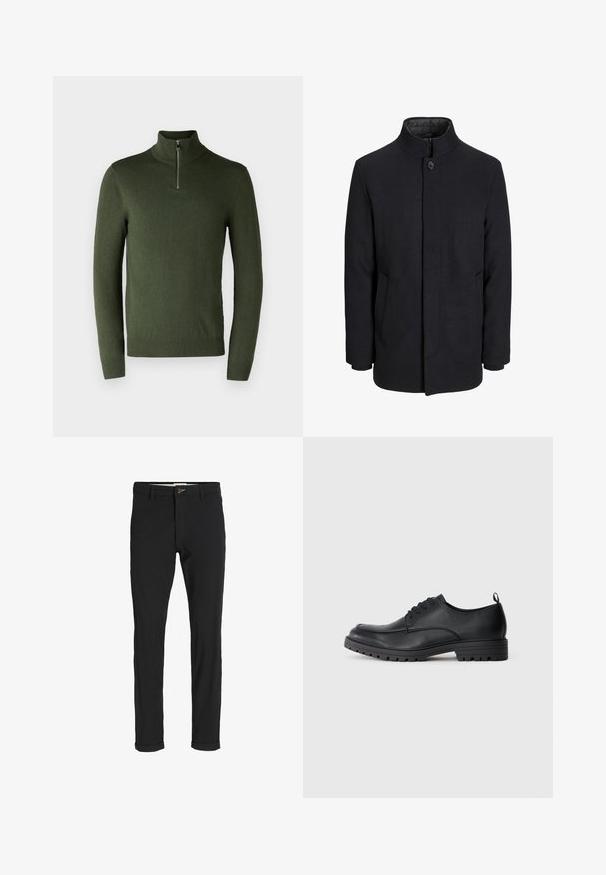 Men's black wool coat with high collar, concealed zipper, single button closure, and side pockets.; Green, long-sleeve pullover sweater with a high neck and short zipper. Made from soft fabric, features ribbed cuffs and hem.; Black cotton blend pants with a slim fit, featuring a button closure, pockets, and rolled cuffs for a casual finish.; Black leather dress shoe with a smooth texture, rounded toe, lace-up front, and sturdy rubber sole featuring a treaded pattern.