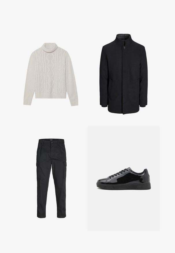 Herren schwarzer Wollmantel mit hohem Kragen, verdecktem Reißverschluss, einreihigem Knopfverschluss und Seitentaschen.; Cremfarbener Kabelstrickpullover mit hohem geripptem Kragen, der ein strukturiertes Muster sowie gerippte Bündchen und Saum aufweist. Weiche Wollmischung.; Schwarze Cargo-Hose aus robustem Material, mit mehreren Taschen, einem Knopfverschluss und einem Slim-Fit-Design mit schmal zulaufenden Beinen.; Schwarze Lackledersneaker mit runder Spitze, flacher Gummisohle und schwarzen Schnürsenkeln. Glatte, glänzende Textur auf der Oberfläche.