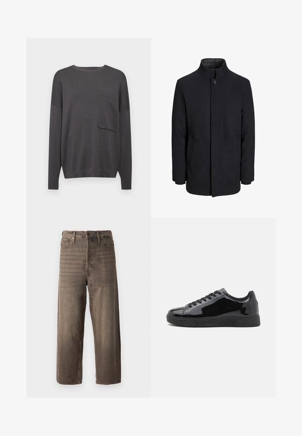 Men's black wool coat with high collar, concealed zipper, single button closure, and side pockets.; Charcoal gray long-sleeve knit sweater with a crew neck and a single chest pocket. Soft texture with a relaxed fit and ribbed cuffs.; Brown wide-leg jeans made from denim. Features a zip fly, belt loops, and five pockets. The fabric shows a faded, textured appearance.; Black patent leather sneakers with a round toe, flat rubber sole, and black laces. Smooth, shiny texture on upper surface.