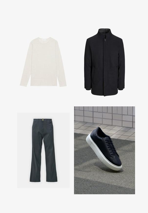 Herren schwarzer Wollmantel mit hohem Kragen, verdecktem Reißverschluss, einreihigem Knopfverschluss und Seitentaschen.; Cremfarbendes Langarm-T-Shirt aus weichem Strickstoff. Es hat einen runden Ausschnitt und einen lockeren Schnitt ohne sichtbare Muster oder Akzente.; Schwarze Hose mit geradem Bein, aus einem Baumwollmix. Verfügt über einen Metallknopfverschluss und seitliche Taschen. Keine sichtbaren Muster.; Schwarze Leder-Sneaker mit runder Zehenpartie und weißer Gummisohle. Verfügt über flache Schnürsenkel und minimale Nähte im Obermaterial. Strukturiertes Sohlenprofil für besseren Halt.