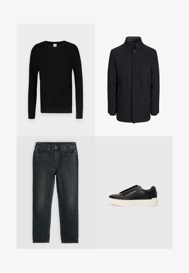 Herren schwarzer Wollmantel mit hohem Kragen, verdecktem Reißverschluss, einreihigem Knopfverschluss und Seitentaschen.; Schwarzer Pullover mit rippenstrukturierter Oberfläche, Rundhalsausschnitt und langen Ärmeln. Mit einfarbigem Design und schmalen Bündchen an Ärmeln und Saum.; Dunkelblaue Jeans aus Denim mit geradem Bein, fünf Taschen, Reißverschluss und kontrastierenden Nähten. Dezente Ausbleichungen im Stoff.; Schwarzer Schlupfschuh aus strukturiertem Lederobermaterial, mit weißer Gummisohle und ohne sichtbare Schnürsenkel. Mit Markenlogo an der Seite.