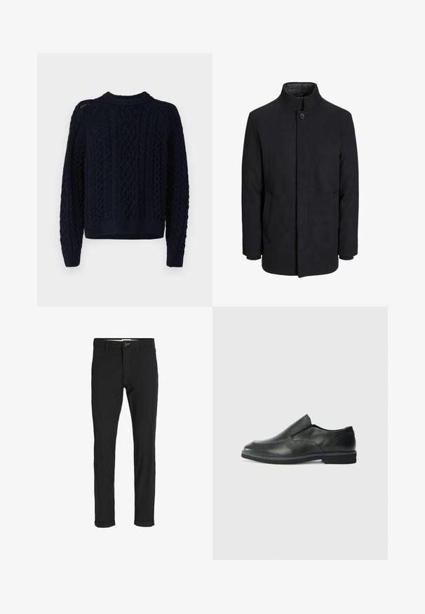 Férfi fekete gyapjú kabát magas gallérral, rejtett cipzárral, egy gombos záródással és oldalzsebekkel.; Sötétkék kötött pulóver, amely kábelkötéses mintával, kerek nyakkivágással, valamint bordázott ujjal és aljjal rendelkezik. Puha tapintású, enyhén croppolt fazon.; Fekete pamut keverék nadrág, slim fit szabással, gombos záródással, zsebekkel és felgöngyölt szárakkal a laza végeredményért.; Fekete bőr, slip-on cipő sima felsőrésszel, varrott díszítéssel, lekerekített orral és alacsony gumitalppal. A talpa minimális bordázattal rendelkezik.