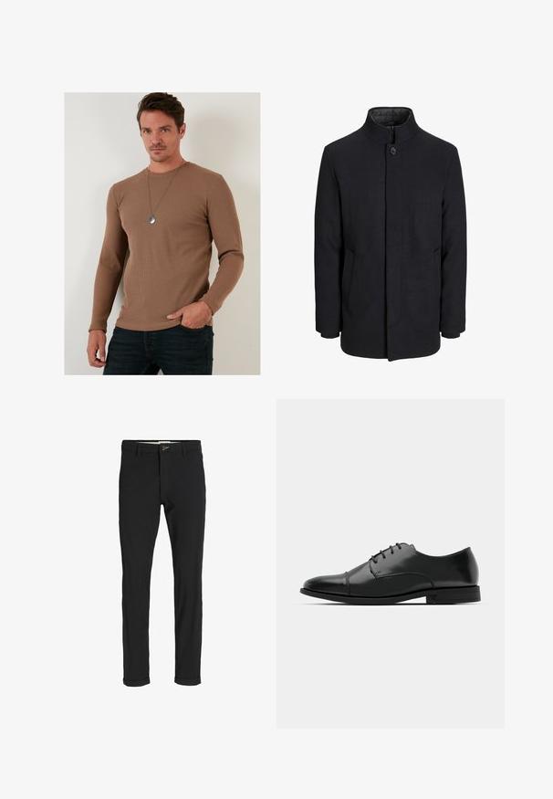 Palton negru din lână pentru bărbați, cu guler înalt, fermoar ascuns, închidere cu un singur buton și buzunare laterale.; Cămașă lungă cu mâneci din material texturat, de culoare maro, cu guler rotund și croi ajustat, asociată cu blugi negri.; Pantaloni negri din bumbac cu un croi slim, având închidere cu nasture, buzunare și manșete răsturnate pentru un aspect casual.; Pantofii negri din piele, cu vârful rotunjit, design cu șireturi, detalii de cusătură subtile și toc joasă. Textura netedă cu un finisaj lustruit.