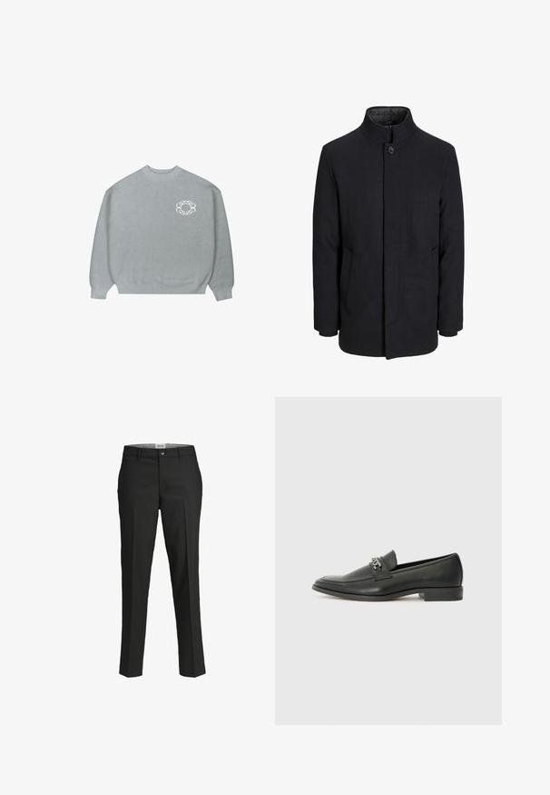 Meeste must villane mantel kõrge kraega, peidetud tõmblukk, ühe nööbiga kinnitamine ja küljetaskud.; Heledhalli crewneck särk ripsmetega varrukaotsades ja allservas, millel on vasakul rinnal väike valge kettlinkide ringikujuline logo.; Mustad püksid, kohandatud lõige, sile kangas, keskmise kõrgusega vöökoht, ees nupuga sulgemine, diagonaalsed taskud ja voldid jalgade all.; Must haveate nahkking punased, millel on sile viimistlus, tikitud muster ja dekoratiivne metallkett vampi üle. Tasane konts.