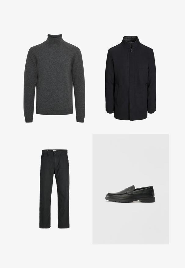 Palton negru din lână pentru bărbați, cu guler înalt, fermoar ascuns, închidere cu un singur buton și buzunare laterale.; Pulover turtleneck gri închis, confecționat dintr-un material tricotat moale; are mâneci lungi și un guler ribborat cu o textură netedă pe toată suprafața.; Pantaloni negri dintr-un material durabil, cu un design cu picior drept, accente cusute și două buzunare frontale pentru funcționalitate.; Labeled cu oglindă din piele neagră cu un finisaj neted, partea superioară în stil mocasin, detalii cusute și o talpă din cauciuc. Design clasic cu un toc jos.
