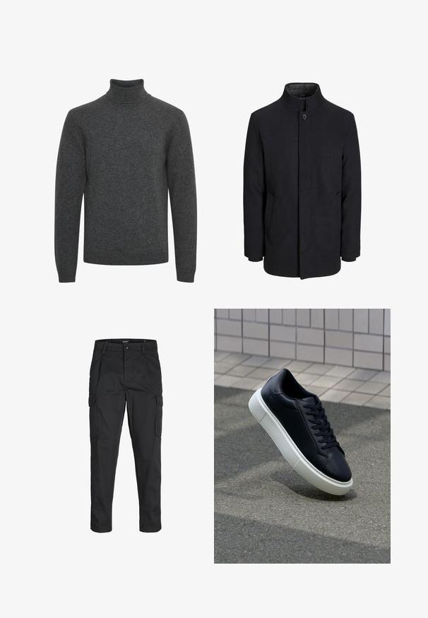 Moška črna volnena jakna z višjim ovratnikom, skritim zadrgo, enojnim gumbom za zapiranje in stranskimi žepi.; Temno siva pulover s turtleneck ovratnikom, izdelan iz mehke pletene tkanine; ima dolge rokave in rebrast ovratnik ter gladko teksturo po celotni površini.; Črne cargo hlače iz trdnega blaga, ki imajo več žepov, gumbasto zapiranje in ozek kroj z zožanimi nogami.; Črne usnjene superge z zaobljenim prstom in belim gumijastim podplat. Imajo ravne vezalke in minimalno šivanje na zgornjem delu. Teksturirani podplat za oprijem.