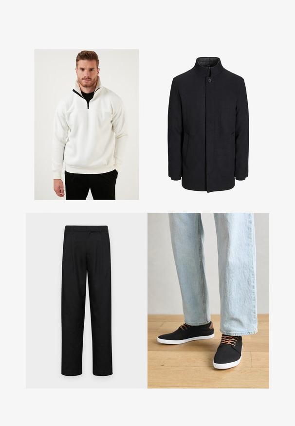 Cappotto da uomo in lana nera con colletto alto, zip nascosta, chiusura a un bottone e tasche laterali.; Pullover bianco realizzato in morbido tessuto, con colletto a metà zip con accenti neri. Il design include polsini a costine e una vestibilità rilassata.; Pantaloni neri realizzati in tessuto liscio, caratterizzati da un taglio dritto, due pieghe frontali e una vita standard con passanti per la cintura.; Sneaker nere in tela con dettagli marroni, suole in gomma bianca e lacci marroni, abbinate a jeans dritti azzurri. Sfondo in legno.