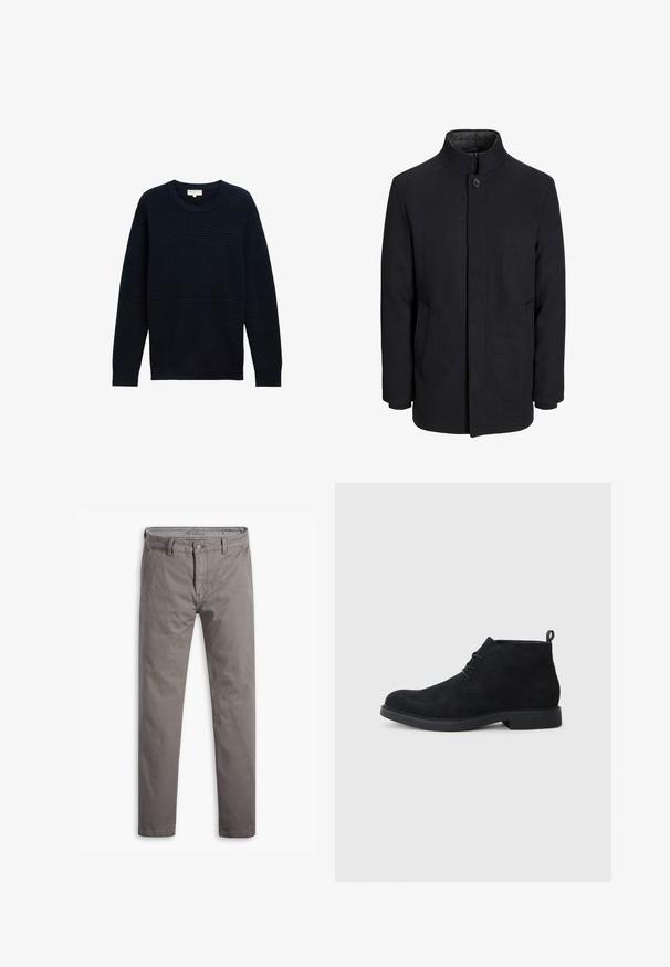 Męski czarny wełniany płaszcz z wysokim kołnierzem, ukrytym zamek błyskawicznym, zapięciem na jeden guzik oraz bocznymi kieszeniami.; Granatowy sweter z teksturowanym prążkowanym wzorem, okrągłym dekoltem i długimi rękawami. Wykonany z miękkiego materiału dla zapewnienia komfortu i ciepła.; Szare chinosy o gładkiej fakturze, prostej nogawce, klasycznym pięciokieszonkowym stylu oraz metalowym guziku w pasie.; Czarne zamszowe za kostkę buty z okrągłym noskiem, sznurowanym zapięciem i teksturowaną gumową podeszwą. Posiadają małą pętelkę z tyłu.