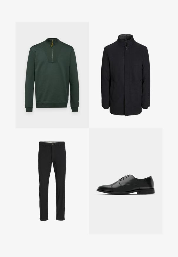 Zwart wollen mannenjas met hoge kraag, verborgen rits, sluiting met één knop en zijzakken.; Donkergroene sweatshirt met een hoge kraag, een halve rits met een gele trekker, en geribbelde accenten op de borst en manchetten. Soepele textuur.; Zwarte katoenen broek van een katoenmix met een slim fit, voorzien van een knoopsluiting, zakken en opgerolde mouwen voor een casual afwerking.; Zwarte leren dresschoenen met een ronde neus, vetersluiting, subtiele stiksels en een lage hak. Glad oppervlak met gepolijste afwerking.