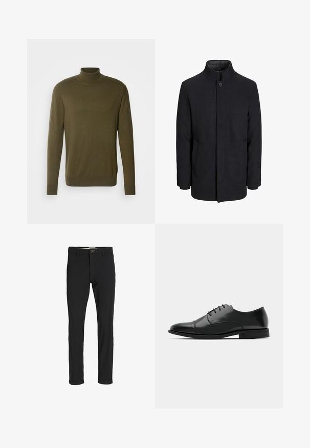 Cappotto da uomo in lana nera con colletto alto, zip nascosta, chiusura a un bottone e tasche laterali.; Maglione a collo alto verde oliva realizzato in un tessuto liscio e leggero; dotato di maniche lunghe e polsini e orlo a costine.; Pantaloni neri in cotone misto con vestibilità slim, dotati di chiusura con bottone, tasche e orli arrotolati per un look informale.; Scarpa da uomo in pelle nera con punta rotonda, design con lacci, dettagli di cucitura discreti e tacco basso. Texture liscia con finitura lucida.