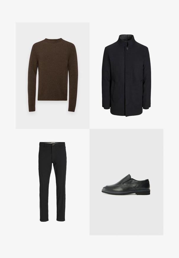 Svart ullrock för män med hög krage, dold dragkedja, singel knappstängning och sidofickor.; Filippa K SWEATER - Stickad tröja - driftwood; Svarta bomullsblandade byxor med en smal passform, med knappstängning, fickor och uppvikta fållar för en avslappnad stil.; Svart lädersko i slip-on-modell med en slät ovandel, sömnadsdetaljer, rund tå och låg gummihäl. Sulan har minimal mönstring.